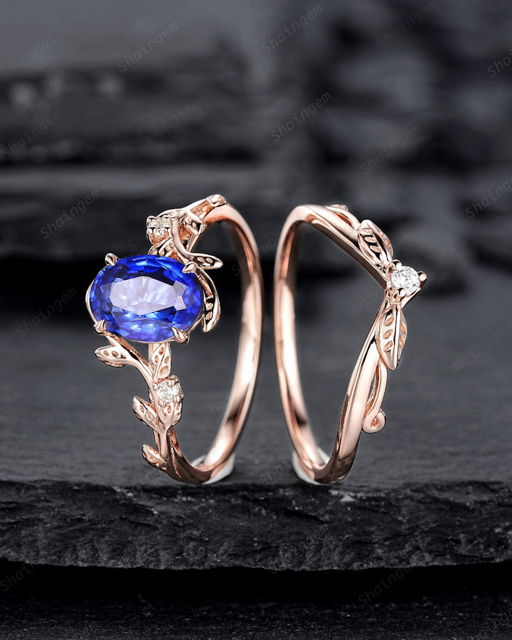 Nature Inspired Natural African Blue Sapphire Leaf Engagement Ring, Oval Shape Sapphire Twig Branch Promise Ring Rose Gold Vine Wedding Ring - ShainJewelry