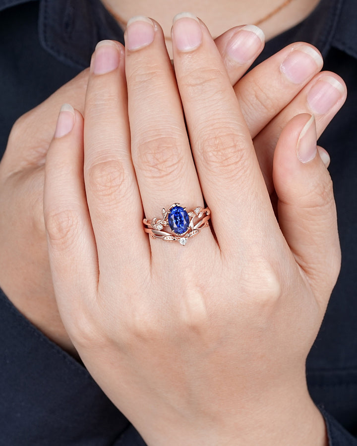 Nature Inspired Natural African Blue Sapphire Leaf Engagement Ring, Oval Shape Sapphire Twig Branch Promise Ring Rose Gold Vine Wedding Ring - ShainJewelry