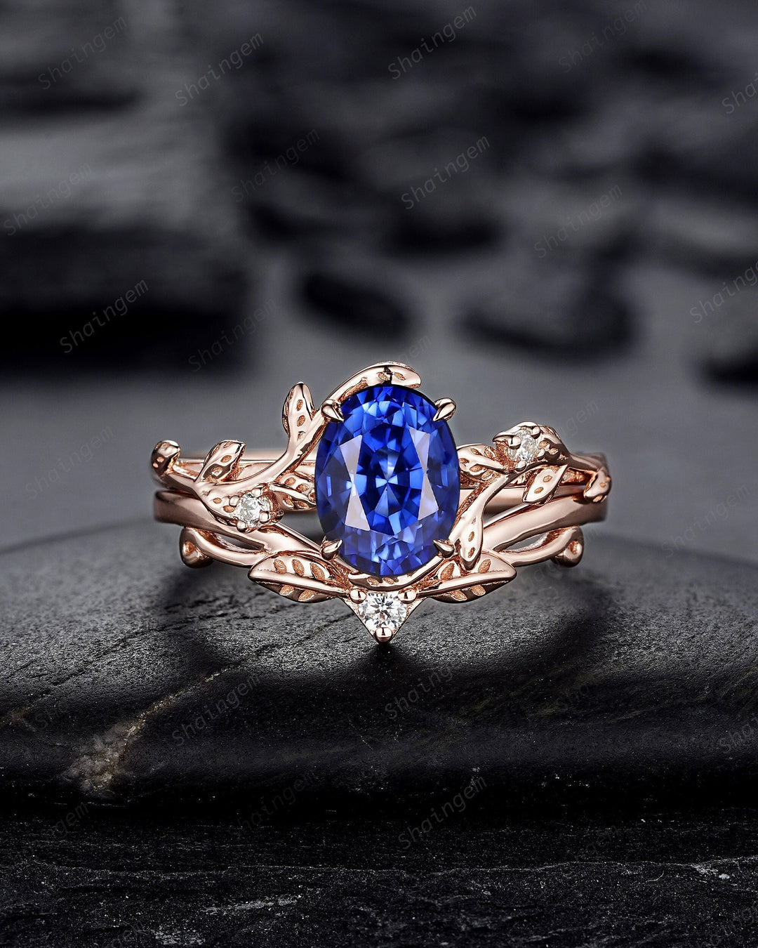 Nature Inspired Natural African Blue Sapphire Leaf Engagement Ring, Oval Shape Sapphire Twig Branch Promise Ring Rose Gold Vine Wedding Ring - ShainJewelry