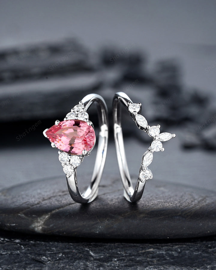 2 CT Pear Shape Padparadscha Pink Sapphire Engagement Ring Set, Unique 14K White Gold Wedding Set, Pink Stone Promise Ring Gift for Women - ShainJewelry