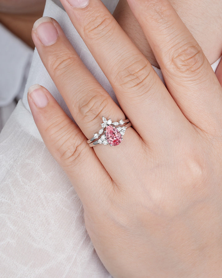 2 CT Pear Shape Padparadscha Pink Sapphire Engagement Ring Set, Unique 14K White Gold Wedding Set, Pink Stone Promise Ring Gift for Women - ShainJewelry