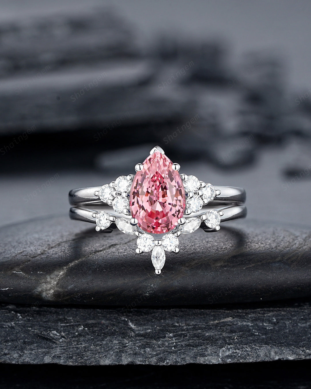 2 CT Pear Shape Padparadscha Pink Sapphire Engagement Ring Set, Unique 14K White Gold Wedding Set, Pink Stone Promise Ring Gift for Women - ShainJewelry