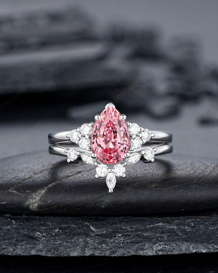 2 CT Pear Shape Padparadscha Pink Sapphire Engagement Ring Set, Unique 14K White Gold Wedding Set, Pink Stone Promise Ring Gift for Women - ShainJewelry