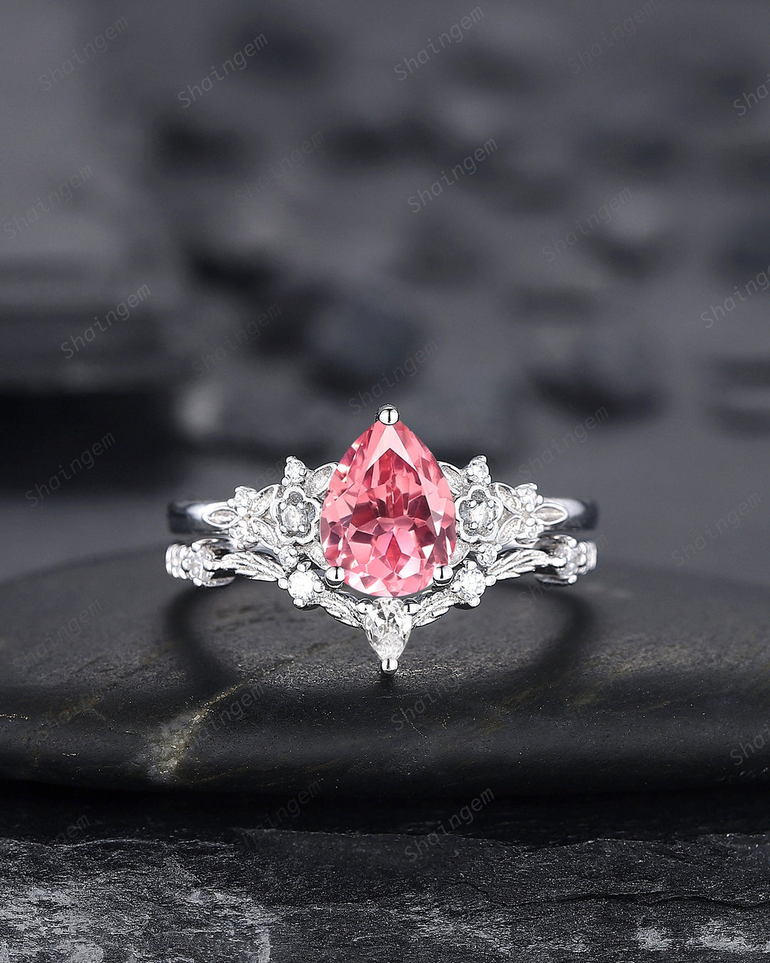 Platinum Pear Shape Padparadscha Pink Sapphire Floral Engagement Ring, White Gold Pink Sapphire Wedding Set Nature Inspired Promise Ring - ShainJewelry