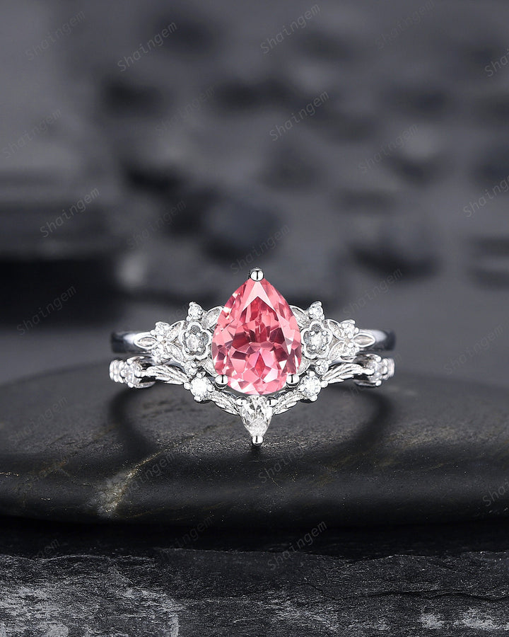 Platinum Pear Shape Padparadscha Pink Sapphire Floral Engagement Ring, White Gold Pink Sapphire Wedding Set Nature Inspired Promise Ring - ShainJewelry