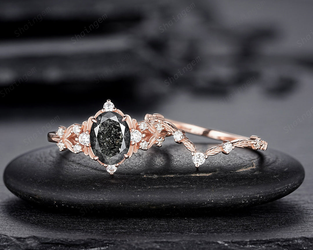 Nature Inspired Salt and Pepper Diamond Leaf Engagement Ring, Oval Shape Gray Diamond Twig Branch Promise Ring, Rose Gold Vine Wedding Ring - ShainJewelry