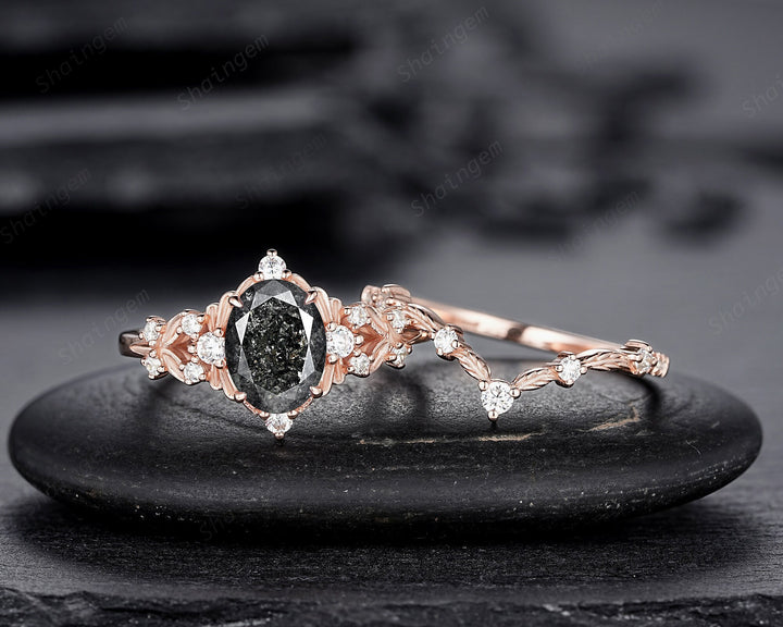 Nature Inspired Salt and Pepper Diamond Leaf Engagement Ring, Oval Shape Gray Diamond Twig Branch Promise Ring, Rose Gold Vine Wedding Ring - ShainJewelry