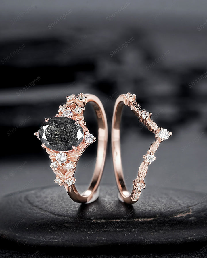 Nature Inspired Salt and Pepper Diamond Leaf Engagement Ring, Oval Shape Gray Diamond Twig Branch Promise Ring, Rose Gold Vine Wedding Ring - ShainJewelry
