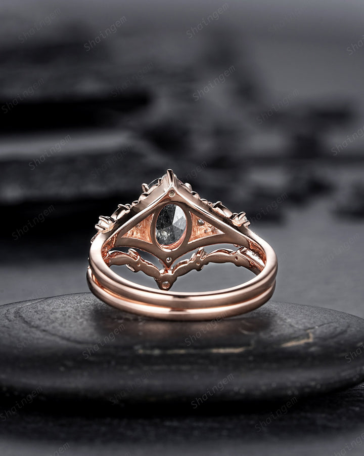 Nature Inspired Salt and Pepper Diamond Leaf Engagement Ring, Oval Shape Gray Diamond Twig Branch Promise Ring, Rose Gold Vine Wedding Ring - ShainJewelry