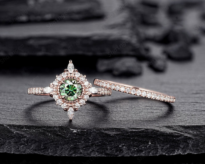 Vintage Mint Green Moissanite and Halo Diamond Engagement Ring, Round Cut Moissanite Rose Gold Floral Promise Ring Set, PeekaBoo Setting - ShainJewelry