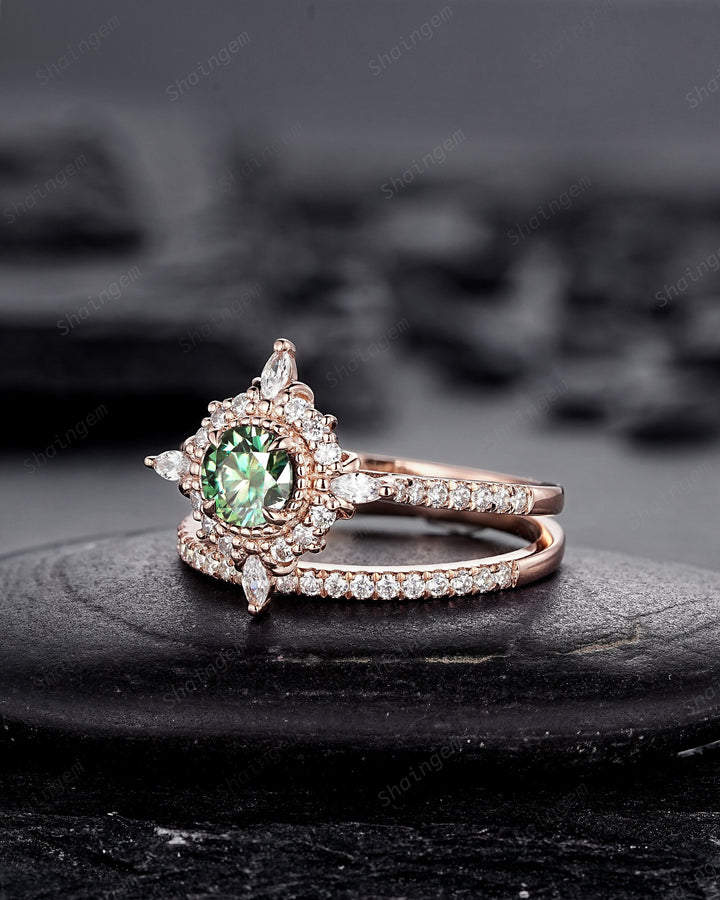 Vintage Mint Green Moissanite and Halo Diamond Engagement Ring, Round Cut Moissanite Rose Gold Floral Promise Ring Set, PeekaBoo Setting - ShainJewelry