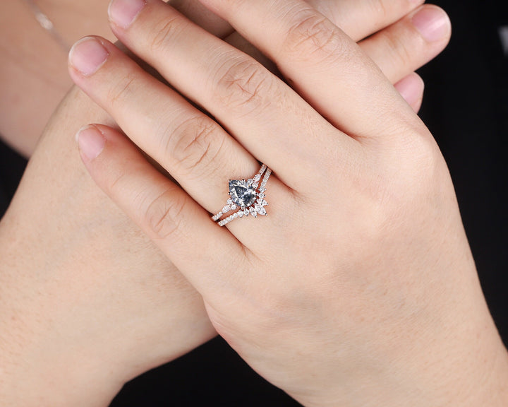 Vintage Pear Shape Gray Moissanite Cluster Engagement Ring Set, Unique Grey Moissanite Promise Ring, 14K Rose Gold Wedding Set for Women - ShainJewelry