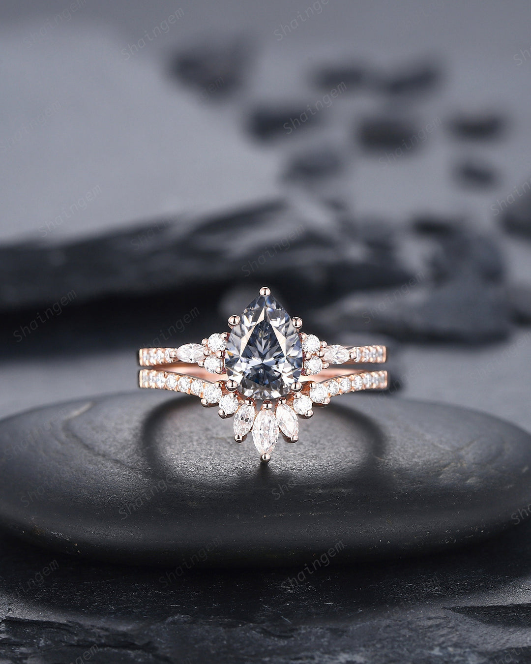 Vintage Pear Shape Gray Moissanite Cluster Engagement Ring Set, Unique Grey Moissanite Promise Ring, 14K Rose Gold Wedding Set for Women - ShainJewelry