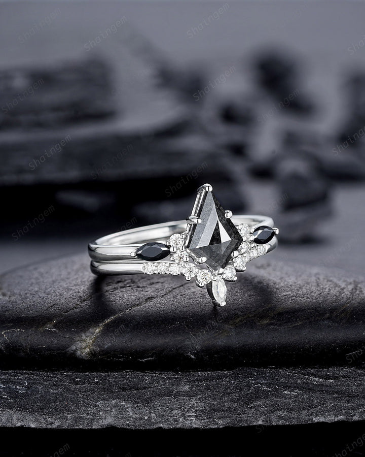 Platinum Natural Salt and Pepper Diamond Engagement Ring Set, 18K White Gold Kite Cut Black Diamond Promise Ring, Gray Diamond Wedding Ring - ShainJewelry