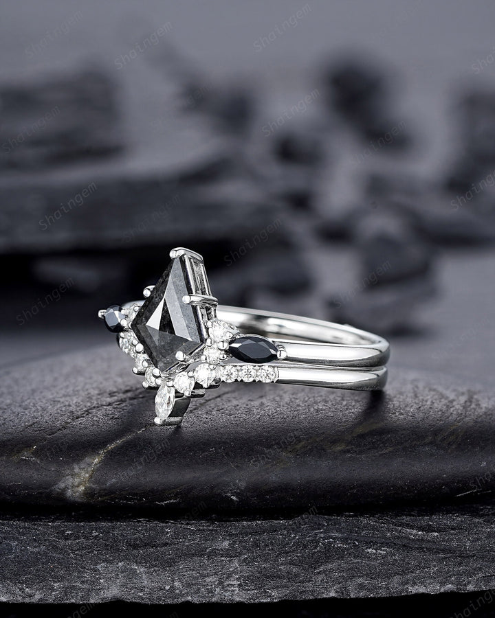 Platinum Natural Salt and Pepper Diamond Engagement Ring Set, 18K White Gold Kite Cut Black Diamond Promise Ring, Gray Diamond Wedding Ring - ShainJewelry