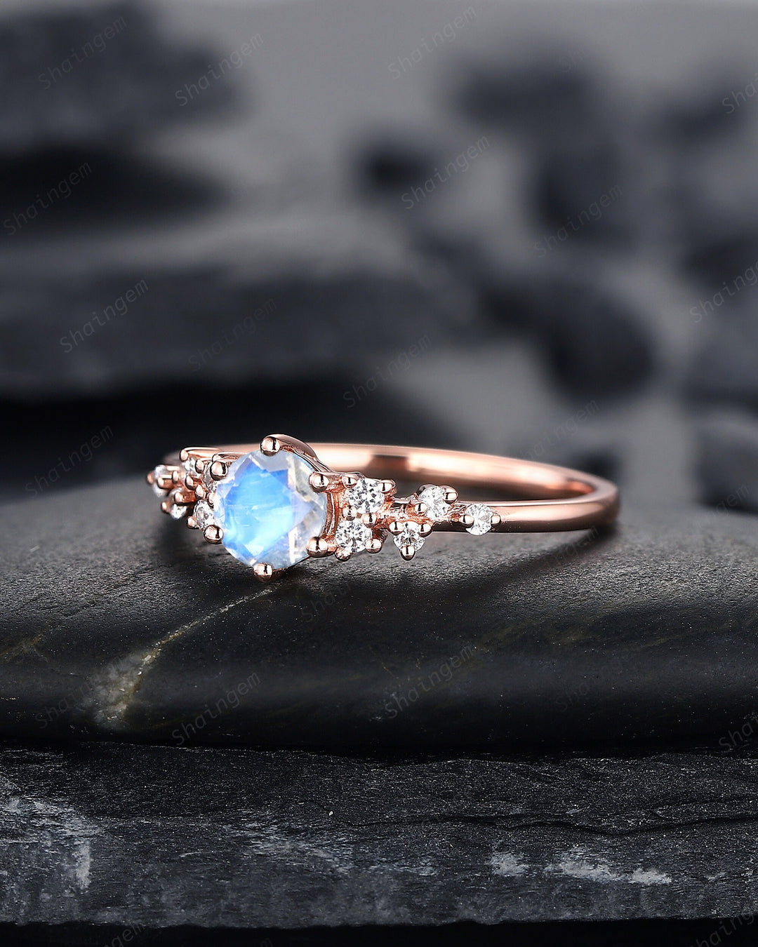 Vintage Round Shape Blue Moonstone Cluster Engagement Ring, Dainty Snowdrift Promise Ring Unique Rose Gold June Birthstone Wedding Ring Gift - ShainJewelry