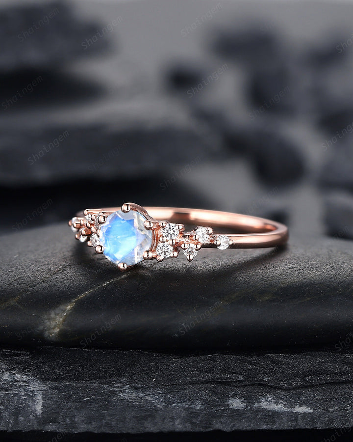 Vintage Round Shape Blue Moonstone Cluster Engagement Ring, Dainty Snowdrift Promise Ring Unique Rose Gold June Birthstone Wedding Ring Gift - ShainJewelry