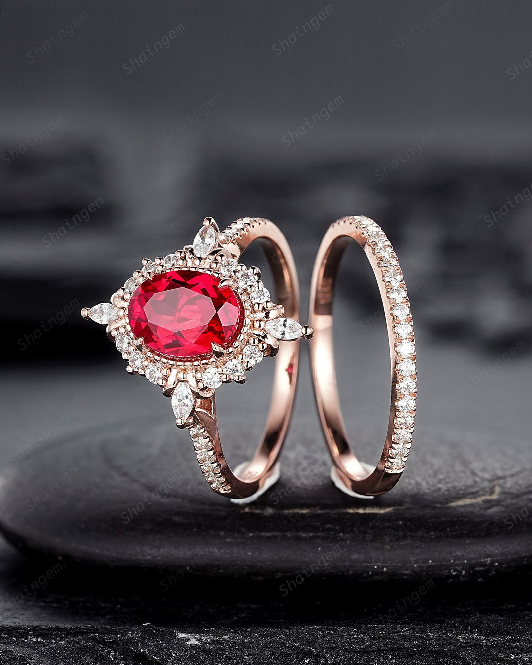Natural Rhodolite Garnet and Halo Diamond Engagement Ring, Oval Cut Garnet Rose Gold Floral Promise Ring, PeekaBoo Setting Wedding Ring - ShainJewelry