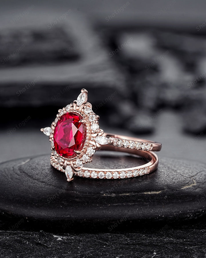 Natural Rhodolite Garnet and Halo Diamond Engagement Ring, Oval Cut Garnet Rose Gold Floral Promise Ring, PeekaBoo Setting Wedding Ring - ShainJewelry