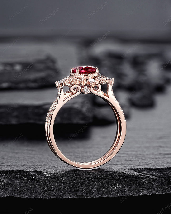 Natural Rhodolite Garnet and Halo Diamond Engagement Ring, Oval Cut Garnet Rose Gold Floral Promise Ring, PeekaBoo Setting Wedding Ring - ShainJewelry