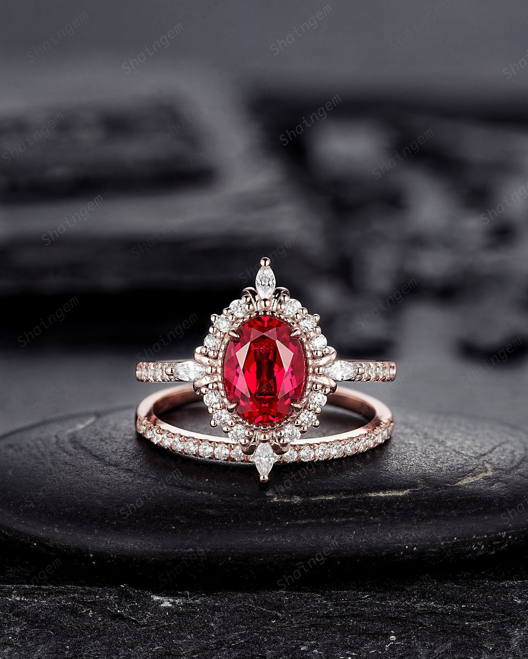 Natural Rhodolite Garnet and Halo Diamond Engagement Ring, Oval Cut Garnet Rose Gold Floral Promise Ring, PeekaBoo Setting Wedding Ring - ShainJewelry