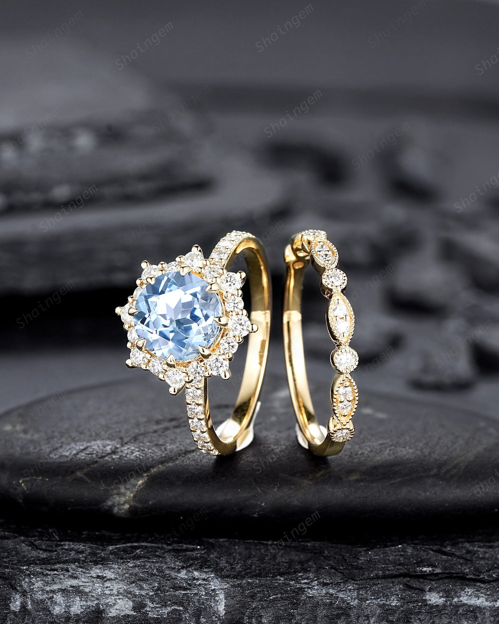 Vintage Round Shape Aquamarine Floral Engagement Ring Set, Unique Yellow Gold Halo Promise Ring March Birthstone Bridal Set Anniversary Ring - ShainJewelry