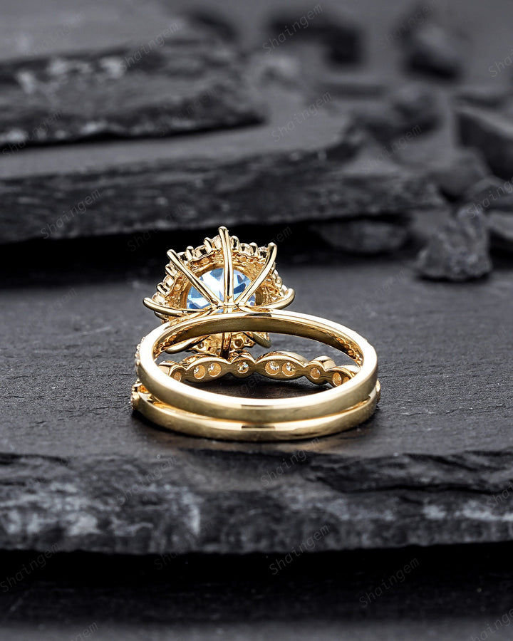 Vintage Round Shape Aquamarine Floral Engagement Ring Set, Unique Yellow Gold Halo Promise Ring March Birthstone Bridal Set Anniversary Ring - ShainJewelry