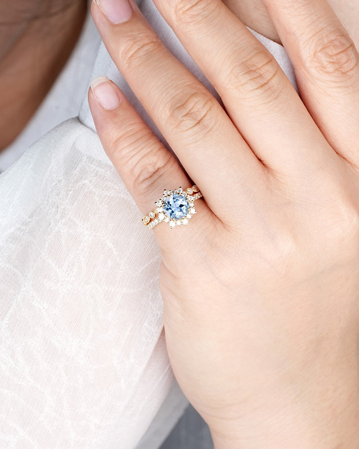 Vintage Round Shape Aquamarine Floral Engagement Ring Set, Unique Yellow Gold Halo Promise Ring March Birthstone Bridal Set Anniversary Ring - ShainJewelry