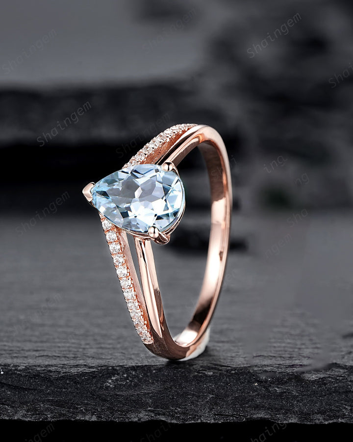 Vintage Pear Shape Aquamarine Engagement Ring Set, Unique Split Shank Rose Gold Promise Ring, March Birthstone Bridal Set Anniversary Ring - ShainJewelry