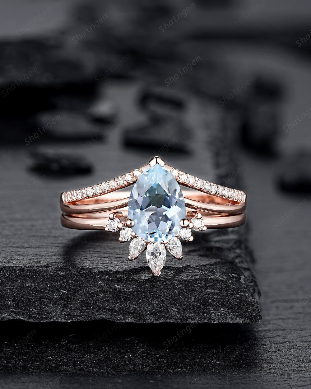 Vintage Pear Shape Aquamarine Engagement Ring Set, Unique Split Shank Rose Gold Promise Ring, March Birthstone Bridal Set Anniversary Ring - ShainJewelry