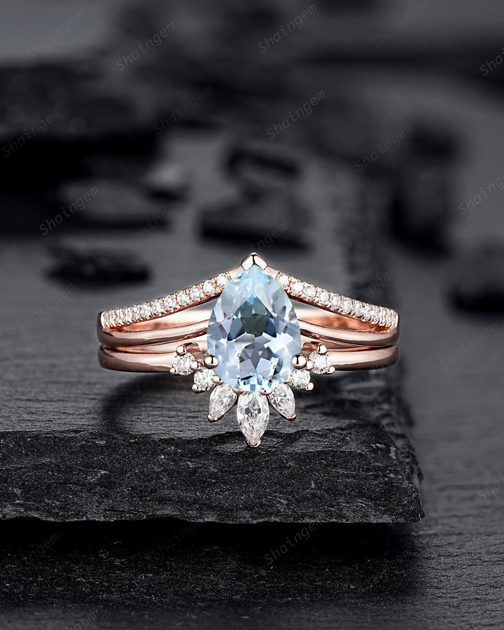 Vintage Pear Shape Aquamarine Engagement Ring Set, Unique Split Shank Rose Gold Promise Ring, March Birthstone Bridal Set Anniversary Ring - ShainJewelry