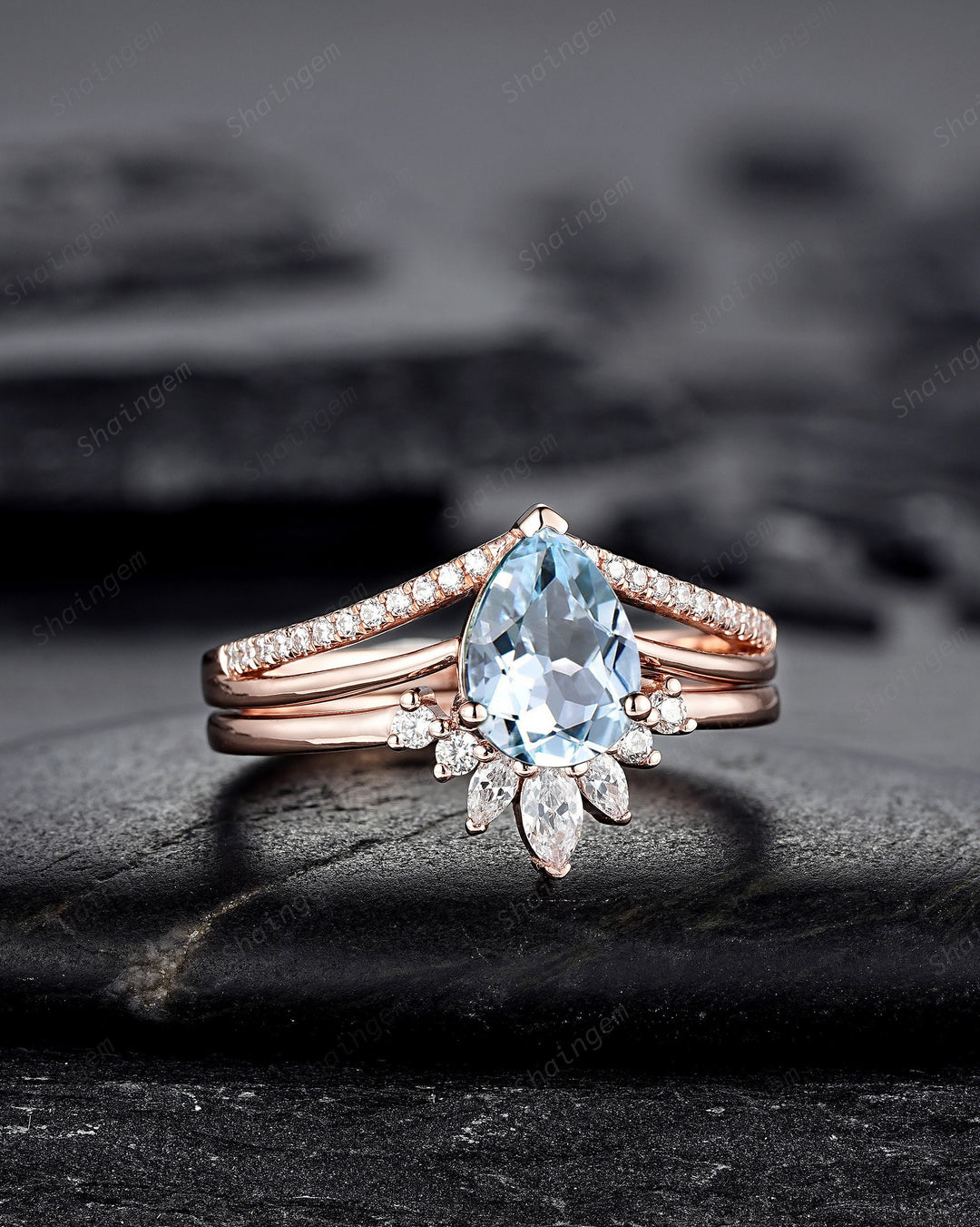 Vintage Pear Shape Aquamarine Engagement Ring Set, Unique Split Shank Rose Gold Promise Ring, March Birthstone Bridal Set Anniversary Ring - ShainJewelry