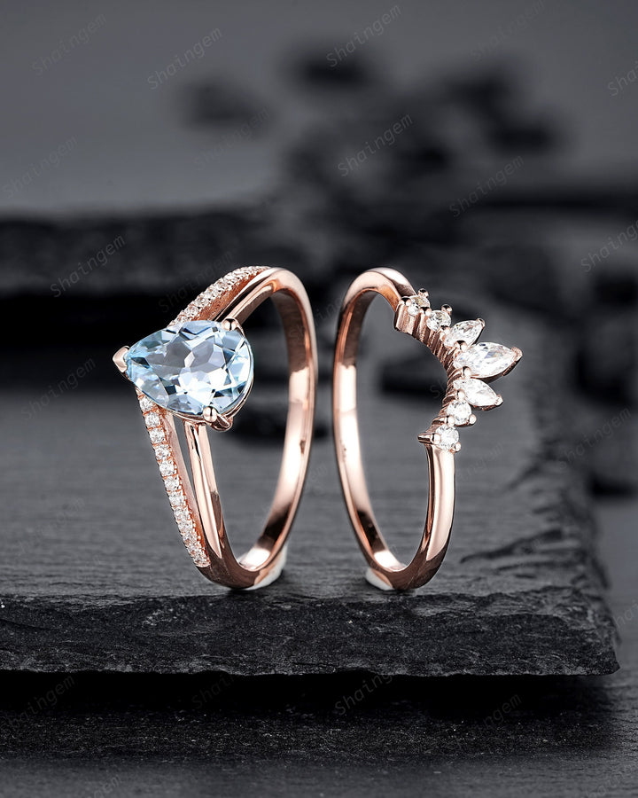 Vintage Pear Shape Aquamarine Engagement Ring Set, Unique Split Shank Rose Gold Promise Ring, March Birthstone Bridal Set Anniversary Ring - ShainJewelry