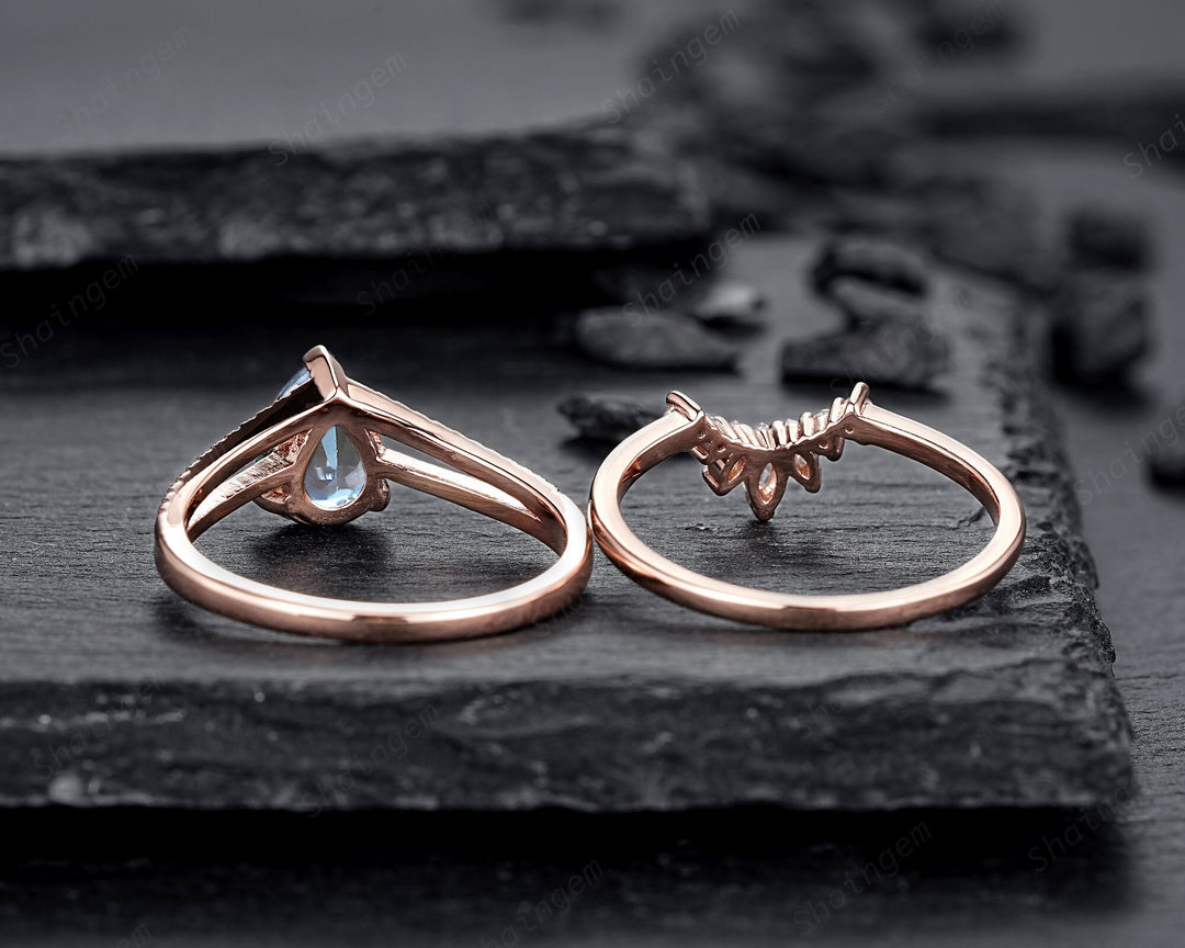 Vintage Pear Shape Aquamarine Engagement Ring Set, Unique Split Shank Rose Gold Promise Ring, March Birthstone Bridal Set Anniversary Ring - ShainJewelry