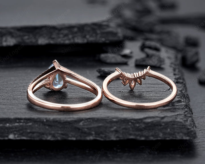 Vintage Pear Shape Aquamarine Engagement Ring Set, Unique Split Shank Rose Gold Promise Ring, March Birthstone Bridal Set Anniversary Ring - ShainJewelry