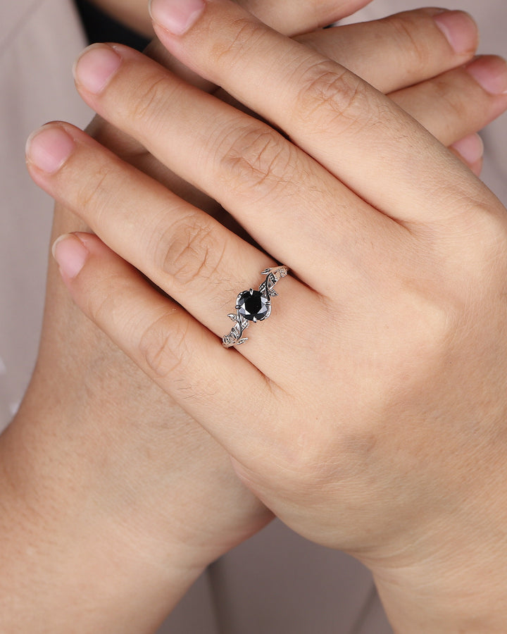 Platinum Round Shape Black Moissanite Solitaire Engagement Ring, Unique White Gold Leaf Promise Ring, Art Deco Nature Inspired Wedding Ring - ShainJewelry