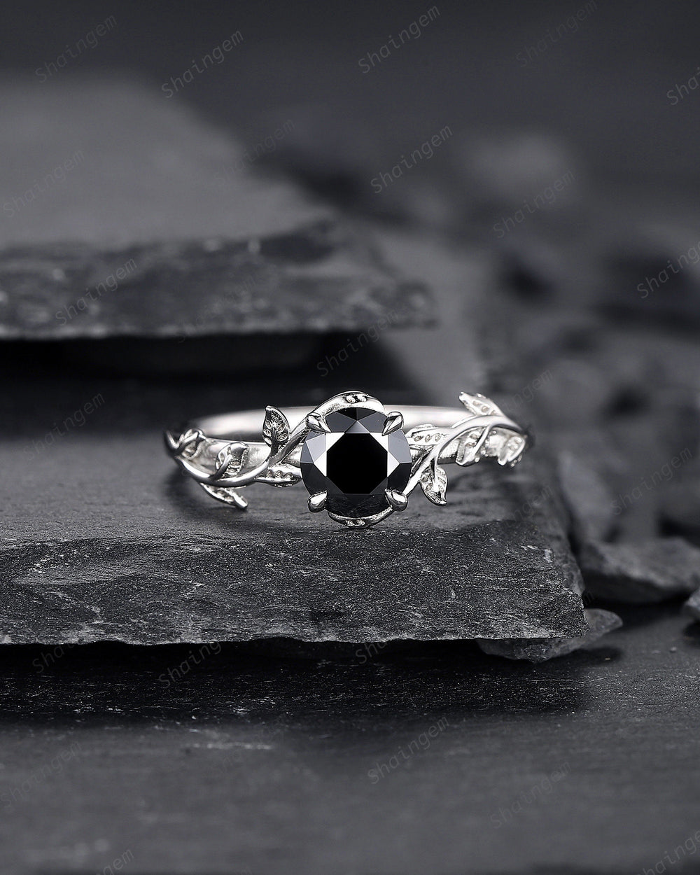 Platinum Round Shape Black Moissanite Solitaire Engagement Ring, Unique White Gold Leaf Promise Ring, Art Deco Nature Inspired Wedding Ring - ShainJewelry