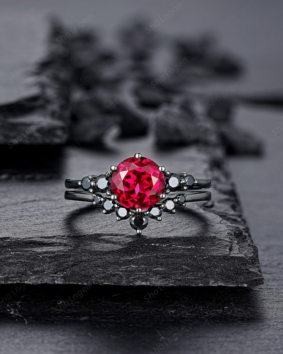 Vintage Black Gold Round Shape Ruby Engagement Ring Set, Black Rhodium Ruby Wedding Set, Unique Dark Bridal Set, Black Promise Ring for her - ShainJewelry