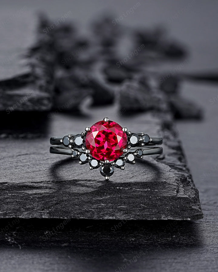 Vintage Black Gold Round Shape Ruby Engagement Ring Set, Black Rhodium Ruby Wedding Set, Unique Dark Bridal Set, Black Promise Ring for her - ShainJewelry
