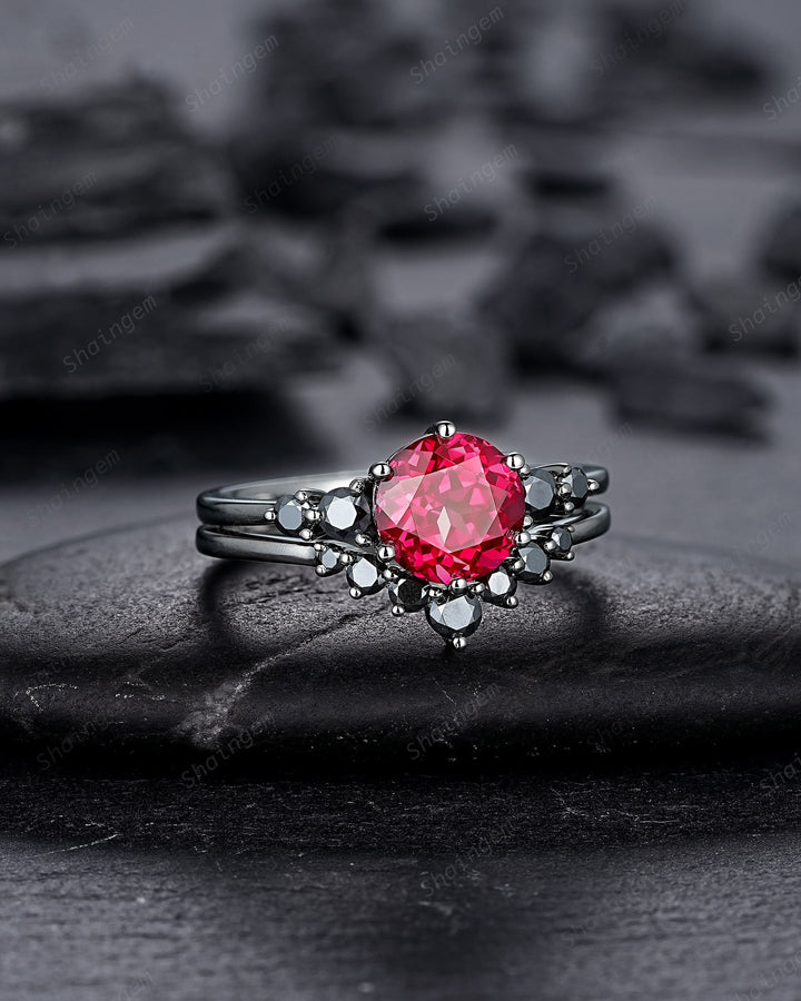 Vintage Black Gold Round Shape Ruby Engagement Ring Set, Black Rhodium Ruby Wedding Set, Unique Dark Bridal Set, Black Promise Ring for her - ShainJewelry