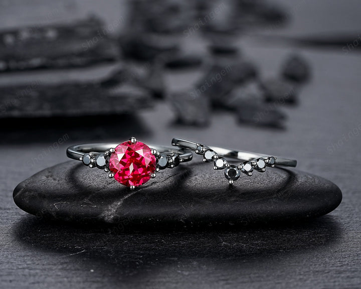 Vintage Black Gold Round Shape Ruby Engagement Ring Set, Black Rhodium Ruby Wedding Set, Unique Dark Bridal Set, Black Promise Ring for her - ShainJewelry