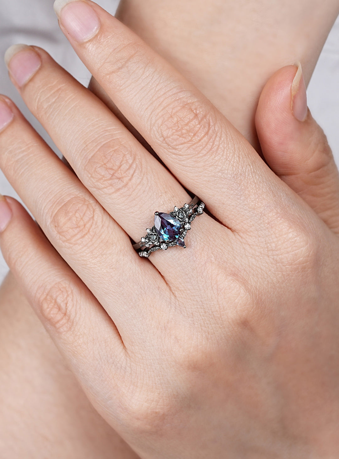 Gothic Black Gold Pear Shape Alexandrite Engagement Ring Set, Black Floral Promise Ring Set Unique Rhodium Black Witchy Ring Bridal Set Gift - ShainJewelry