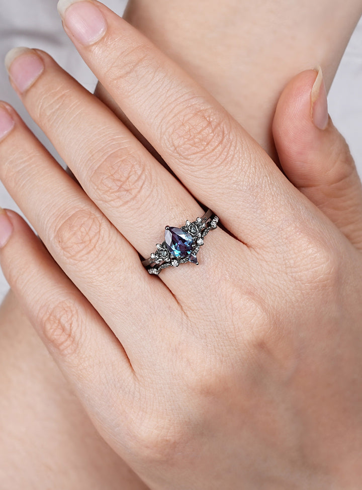 Gothic Black Gold Pear Shape Alexandrite Engagement Ring Set, Black Floral Promise Ring Set Unique Rhodium Black Witchy Ring Bridal Set Gift - ShainJewelry