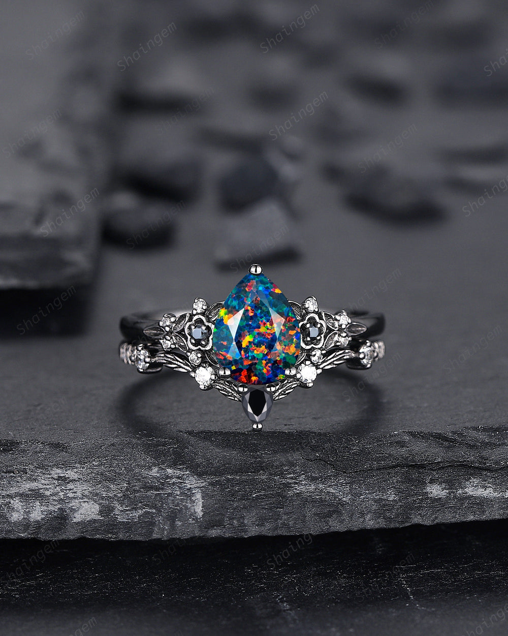 Black Gold Pear Shape Facet Black Opal Engagement Ring, Rhodium Black Opal Wedding Set, Witchy Bridal Set Promise Ring Black Floral Ring - ShainJewelry