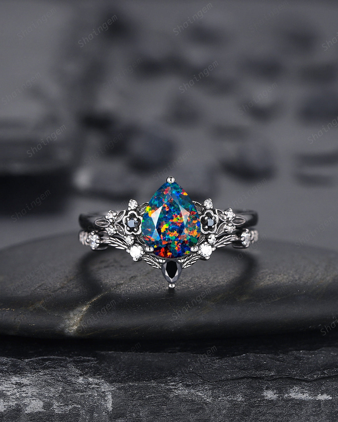Black Gold Pear Shape Facet Black Opal Engagement Ring, Rhodium Black Opal Wedding Set, Witchy Bridal Set Promise Ring Black Floral Ring - ShainJewelry