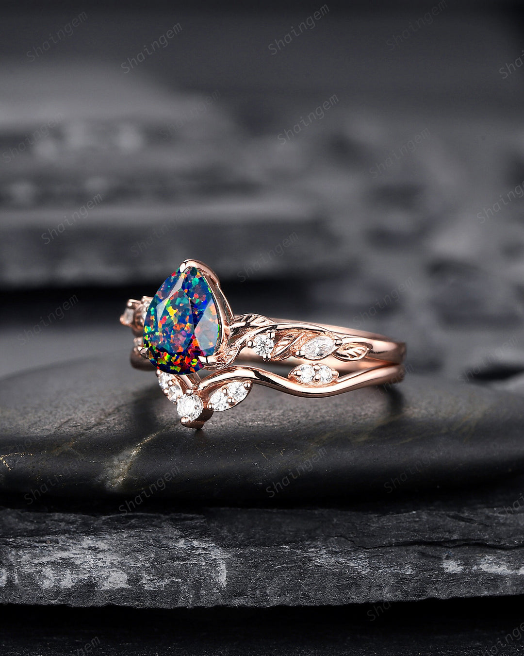 Nature Inspired Pear Cut Facet Black Opal Leaf Engagement Ring Set, Unique Rose Gold Twig Branch Wedding Ring Bridal Set, Vine Promise Ring - ShainJewelry