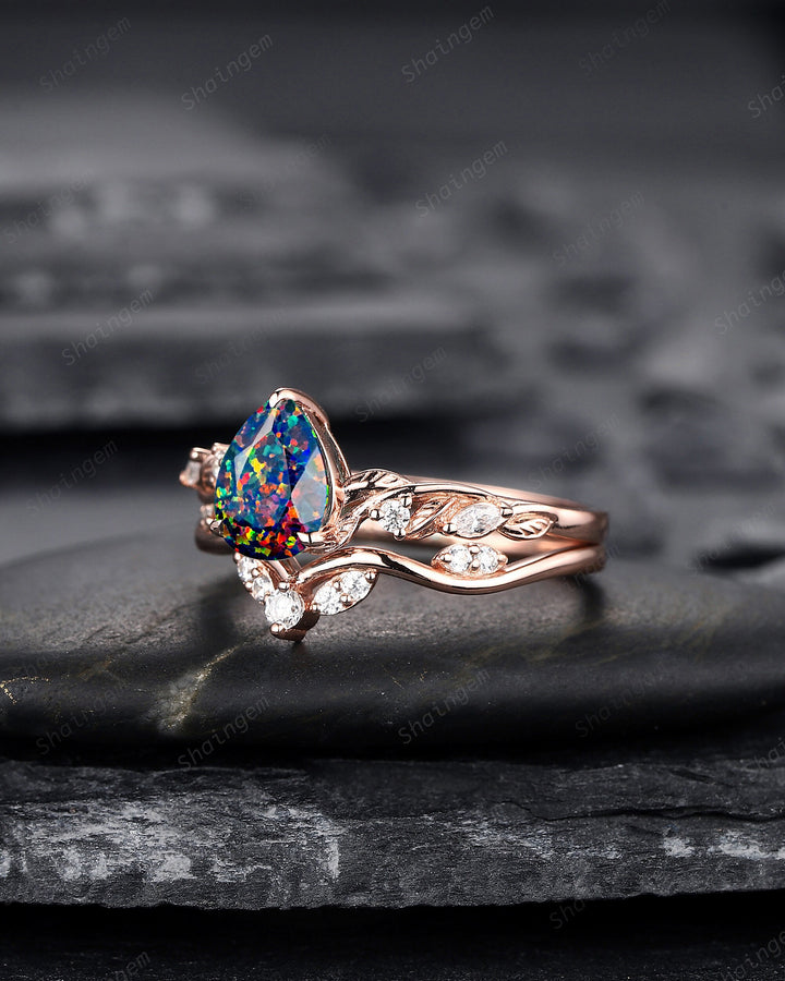 Nature Inspired Pear Cut Facet Black Opal Leaf Engagement Ring Set, Unique Rose Gold Twig Branch Wedding Ring Bridal Set, Vine Promise Ring - ShainJewelry