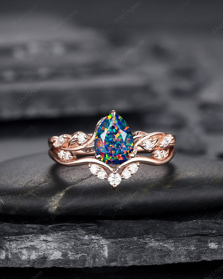 Nature Inspired Pear Cut Facet Black Opal Leaf Engagement Ring Set, Unique Rose Gold Twig Branch Wedding Ring Bridal Set, Vine Promise Ring - ShainJewelry