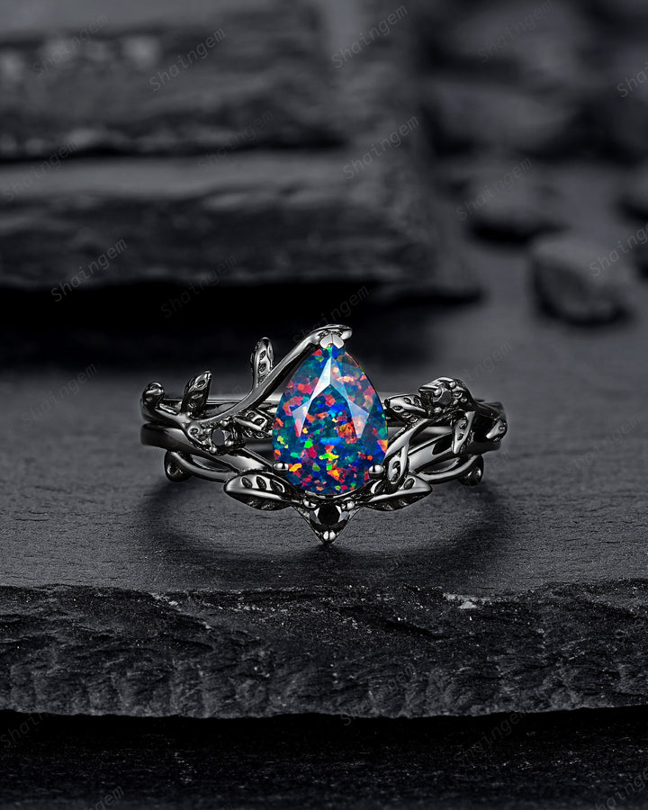 Black Gold Pear Shape Facet Black Opal Vine Engagement Ring, Rhodium Black Twig Branch Wedding Set, Witchy Leaf Bridal Set Promise Ring Gift - ShainJewelry