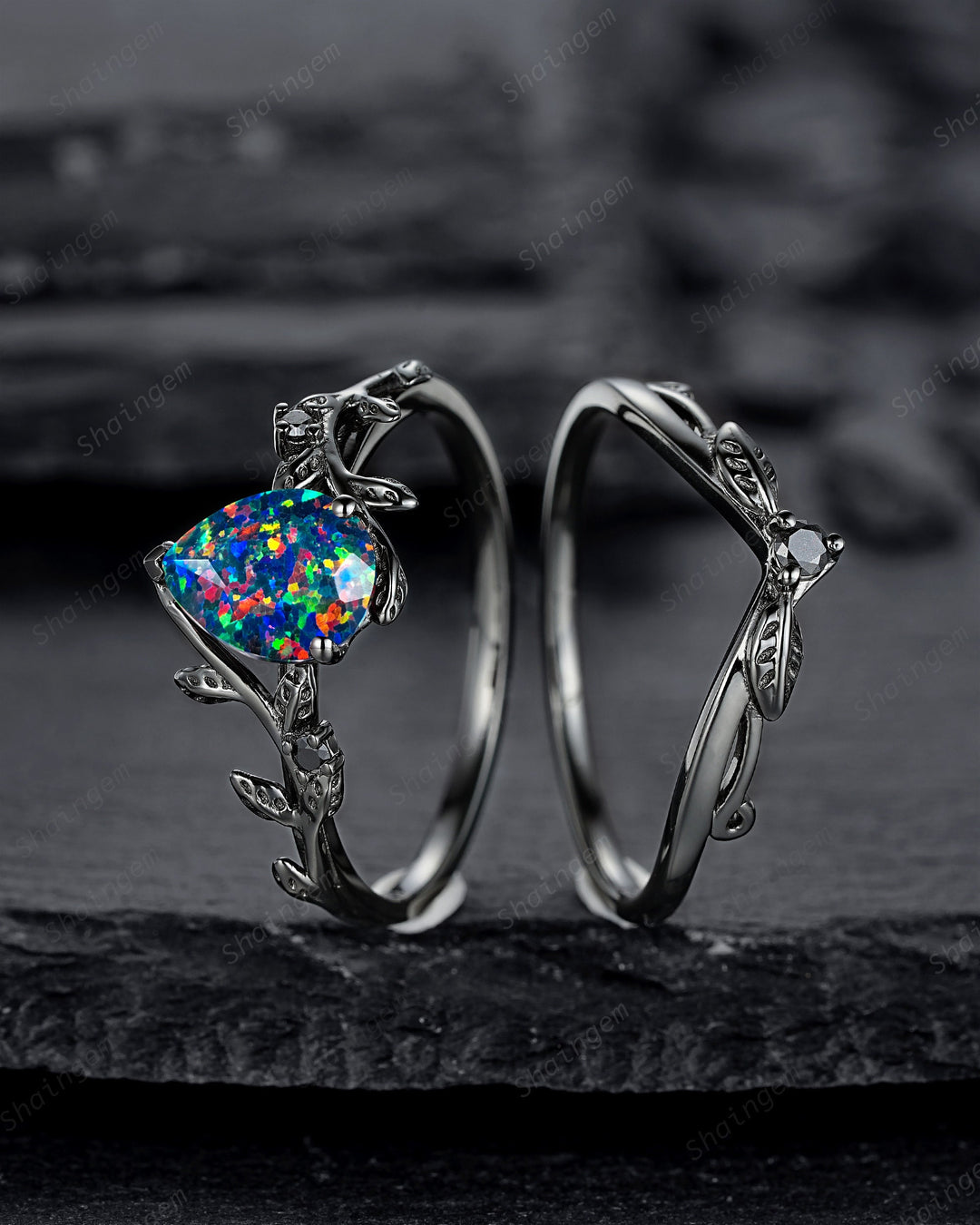 Black Gold Pear Shape Facet Black Opal Vine Engagement Ring, Rhodium Black Twig Branch Wedding Set, Witchy Leaf Bridal Set Promise Ring Gift - ShainJewelry